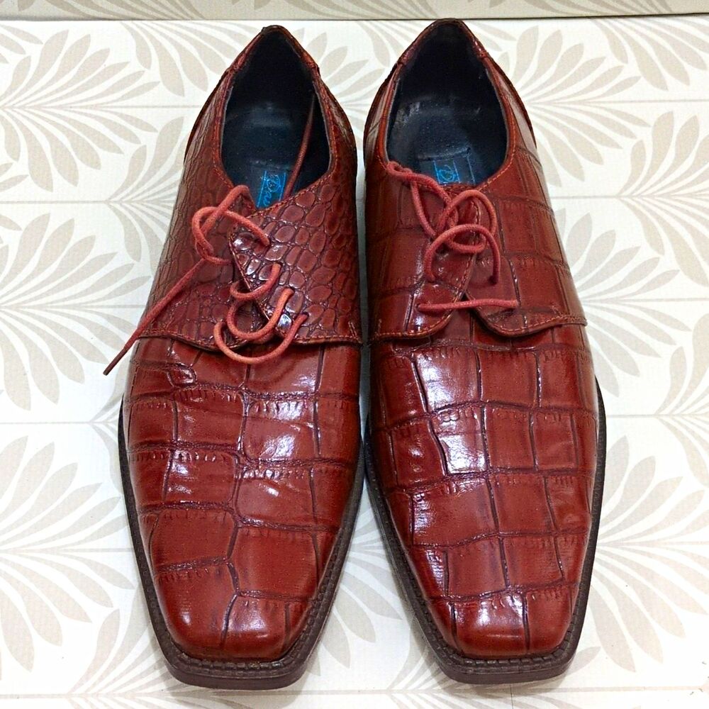 Men's Brown Faux Leather Croc Embossed Oxford Dress Shoes Square Toe 11D